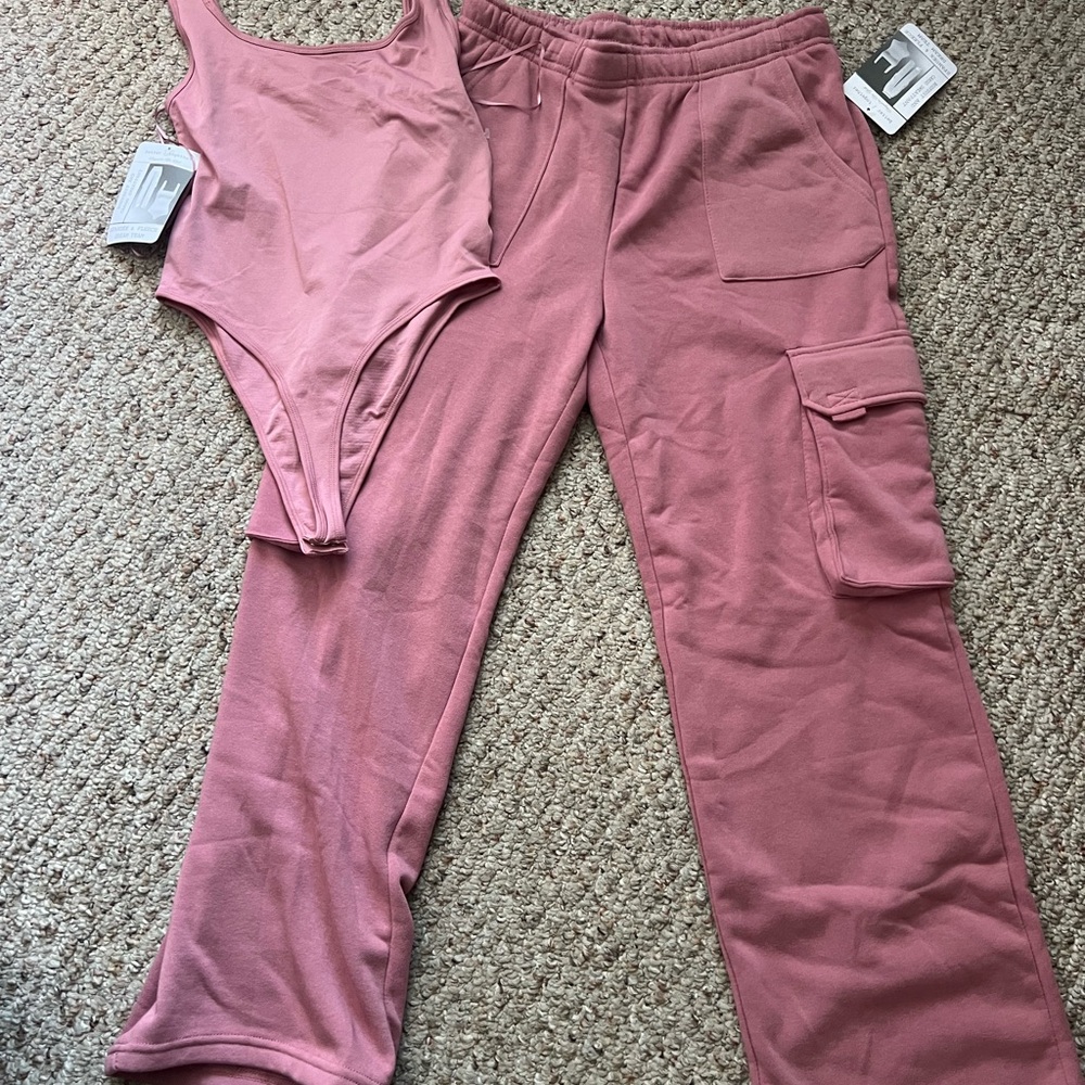 2pc Pink Bodysuit and Cargo Pants Set